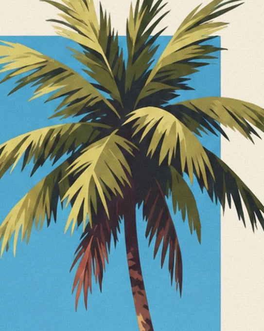 A palm tree with long olive green and golden fronds against a turquoise blue background