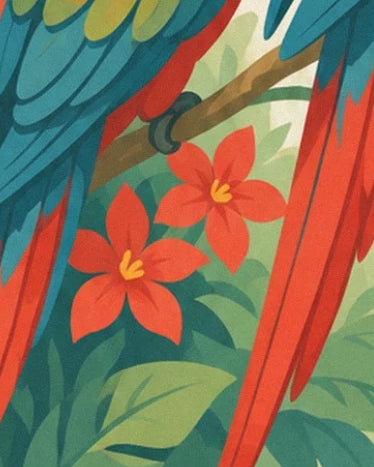 The red flowers beneath the branch, between the blue feathers and long red tails
