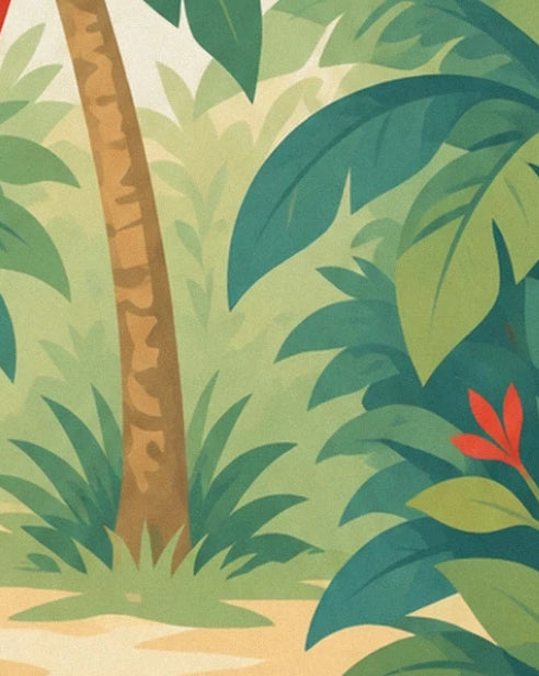 A palm trunk among the green foliage and red flowers of the jungle