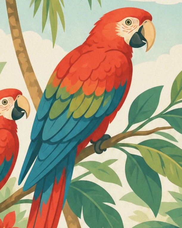 A red parrot with blue and green wings, perched on a branch