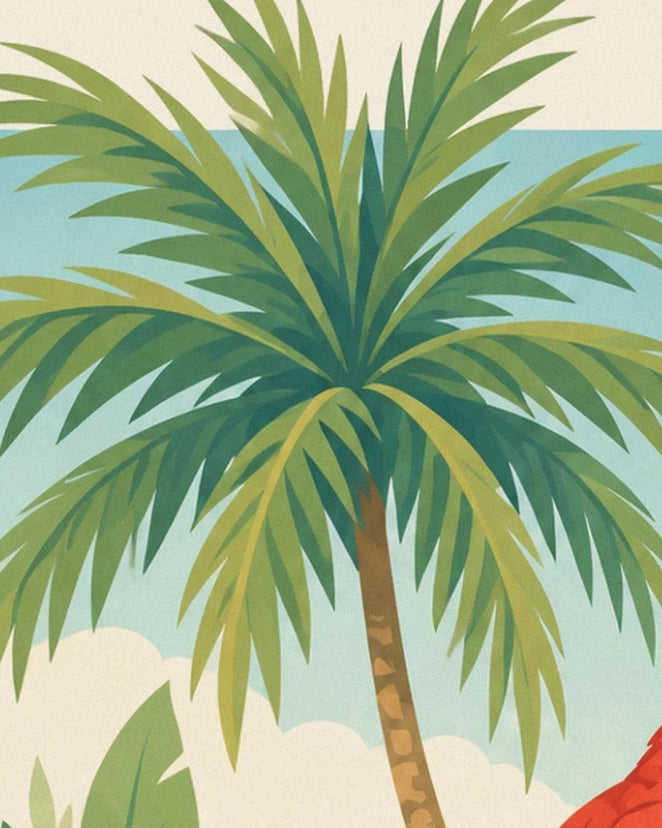 The long green fronds of a palm tree against a cloudy sky blue background