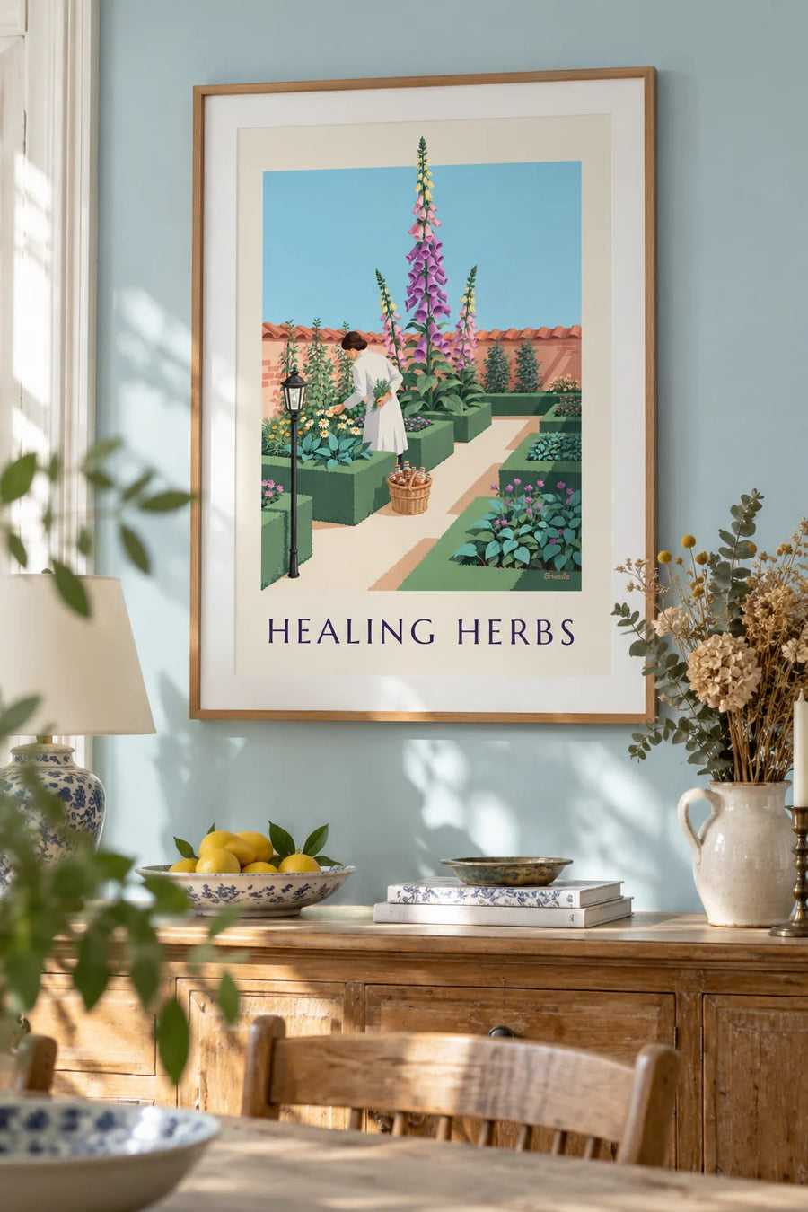 Poster of a pharmacist gathering medicinal herbs in a foxglove garden: framed on the wall