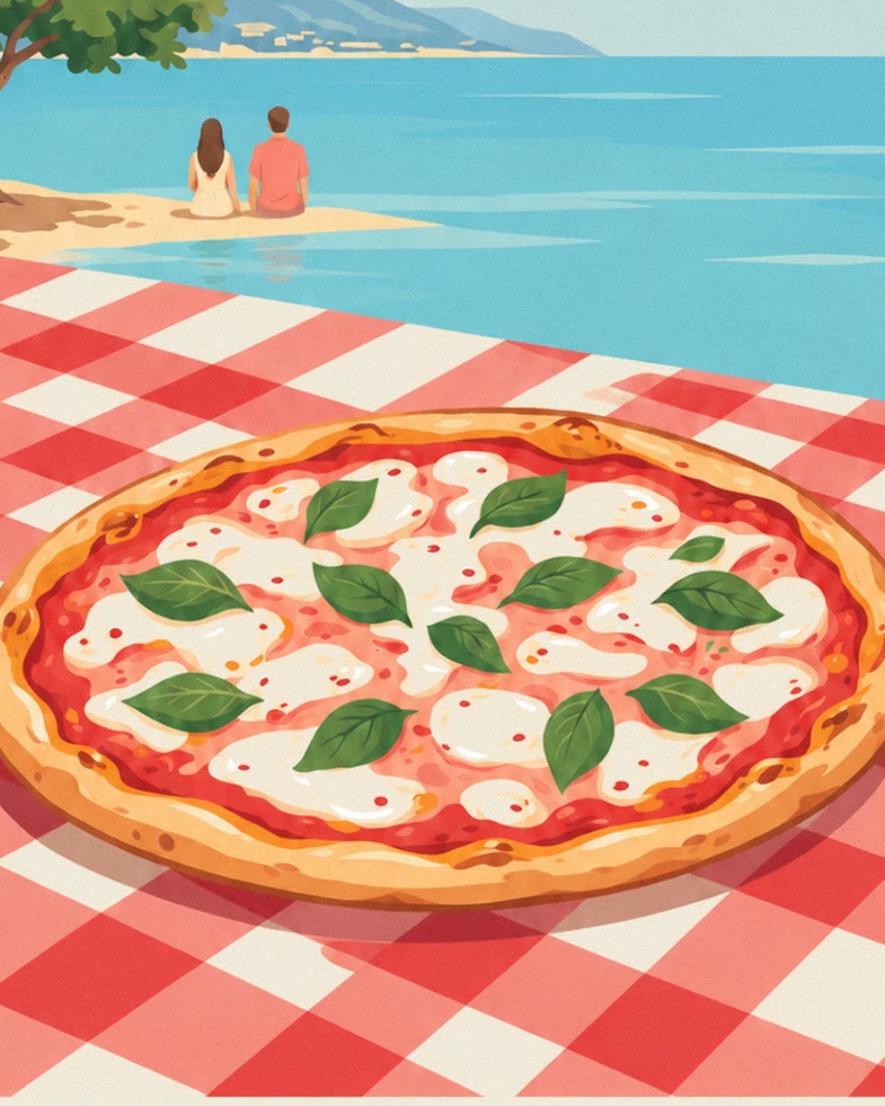 The mozzarella and basil pizza on the red checked tablecloth, facing a couple sitting by the water