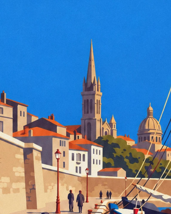 A stone bell tower and dome above orange-roofed houses, behind the harbour ramparts