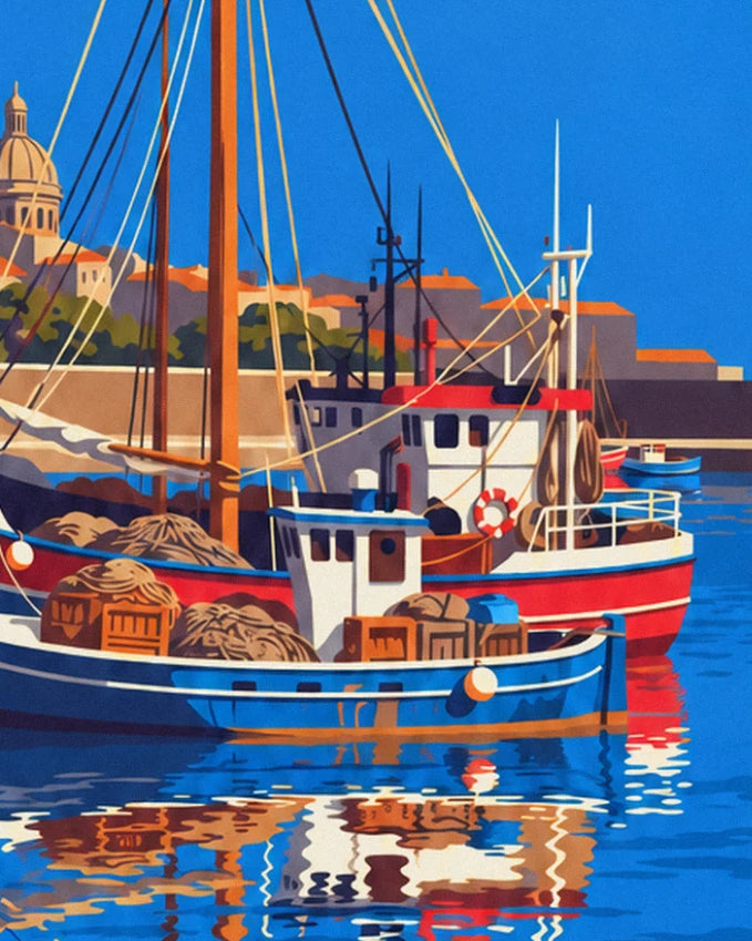 Moored red and blue trawlers, with nets and crates on deck and reflections in the water