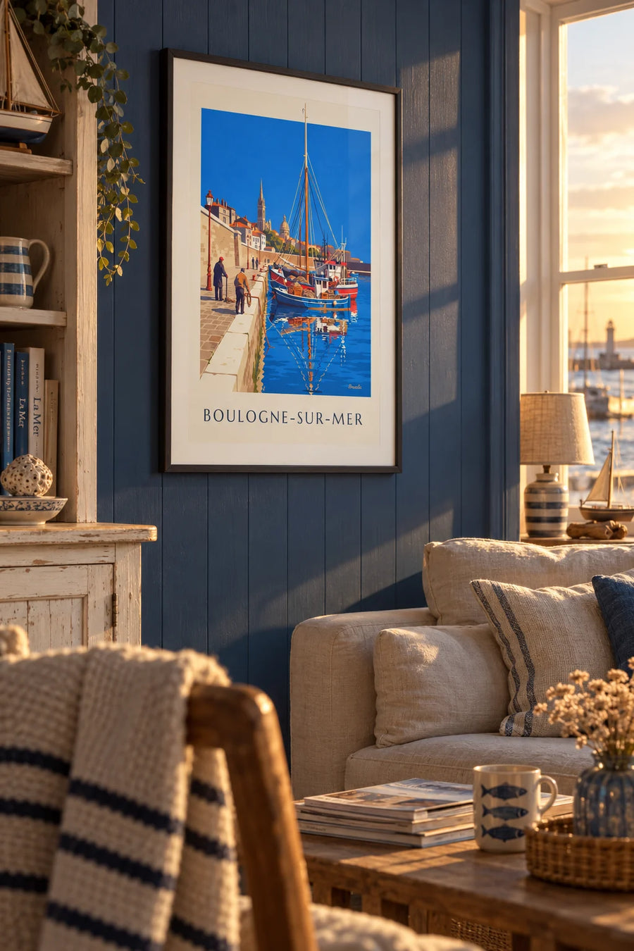 Poster of trawlers in the port of Boulogne-sur-Mer: framed on the wall