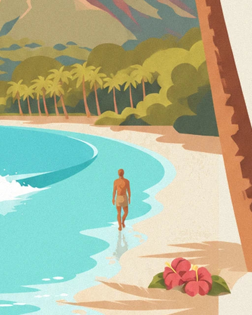 Un baigneur marche au bord de l'eau, près des hibiscus roses et des palmiers