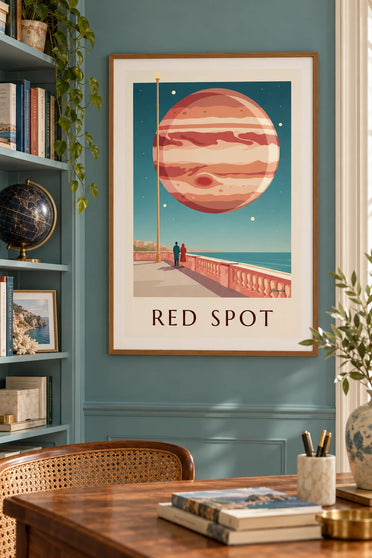 Poster van de planeet Jupiter met zijn grote rode vlek aan de hemel: ingelijst aan de muur