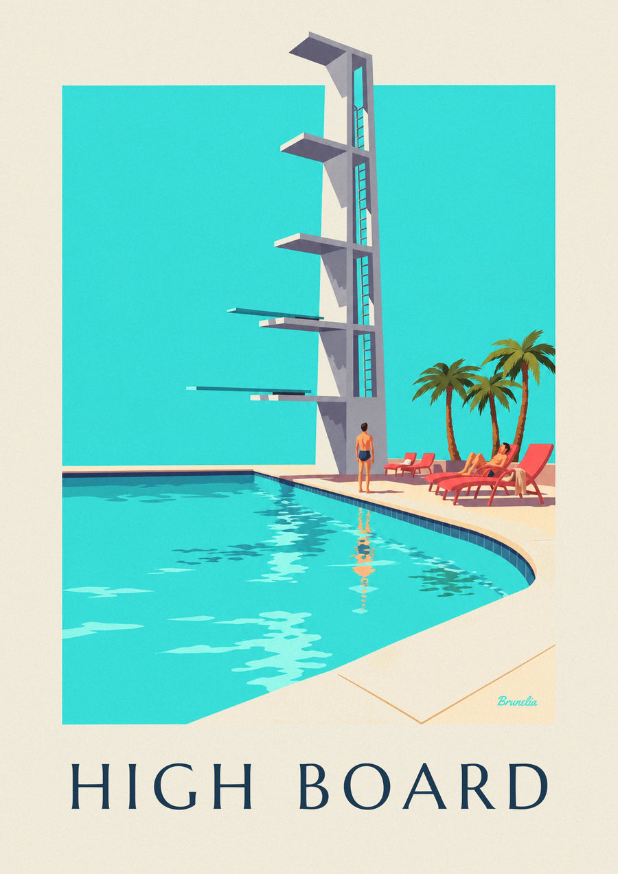 Poster duikplank bij een openluchtzwembad in de zon
