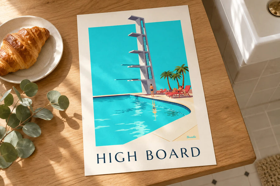 Poster duikplank van een buitenzwembad in de zon: op een tafel