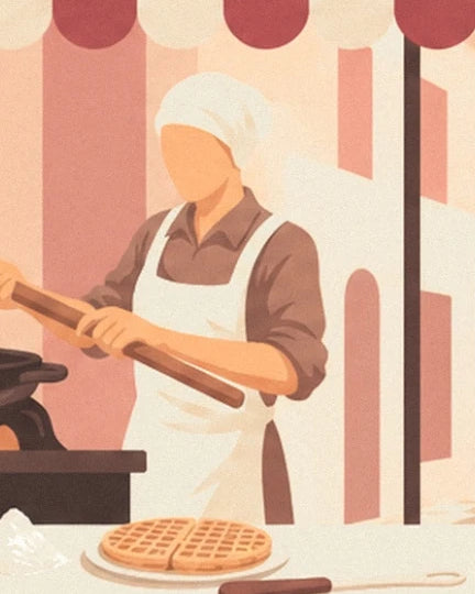 Le marchand en tablier blanc, une longue poignée en bois entre les mains