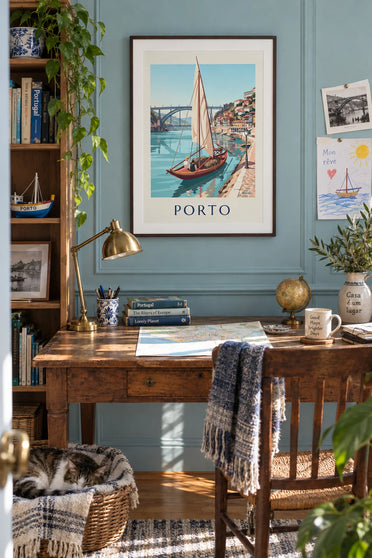 Poster Ponte Dom Luís I in Porto und Rabelo-Boot auf dem Douro: gerahmt an der Wand
