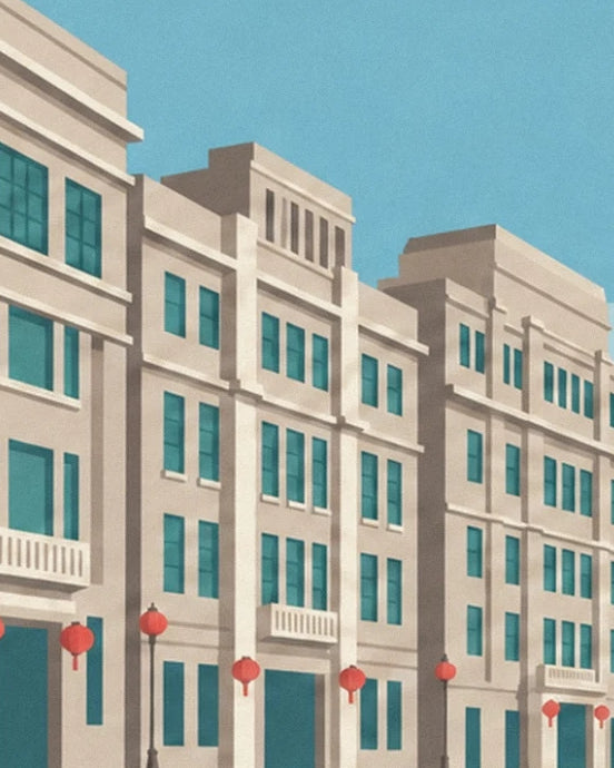 The beige façades of the Bund with their turquoise windows and red lanterns