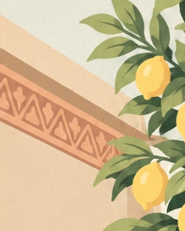The yellow lemons in front of a cream wall with an ochre patterned border