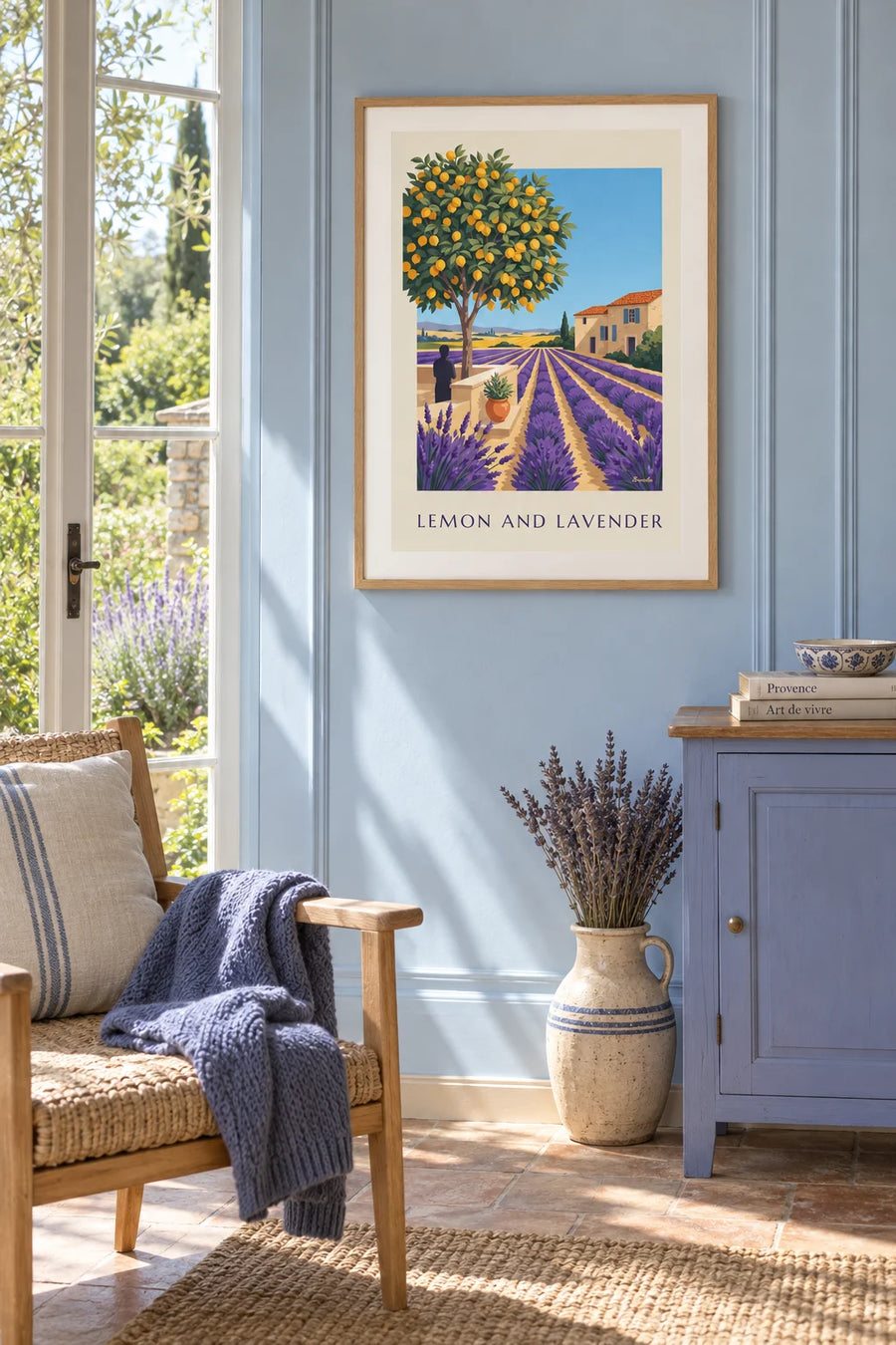 Affiche lavande, citronnier et maison provençale aux volets bleus : encadrée au mur