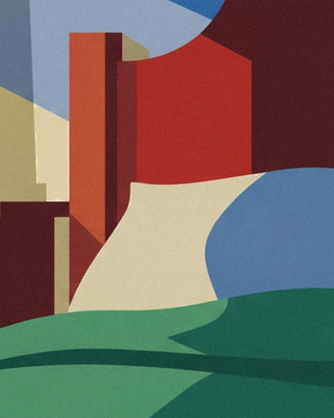 The red and brown roofs above a green hill beneath a blue sky