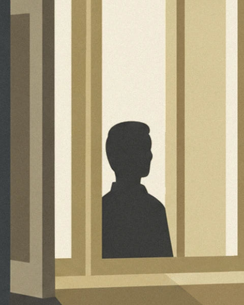 The dark silhouette of a man at the open window in the cream morning light