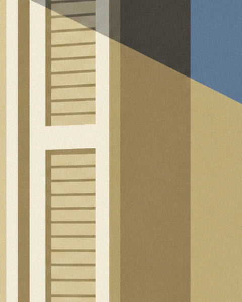 The open louvred shutter on an ochre wall, with a shadow falling diagonally