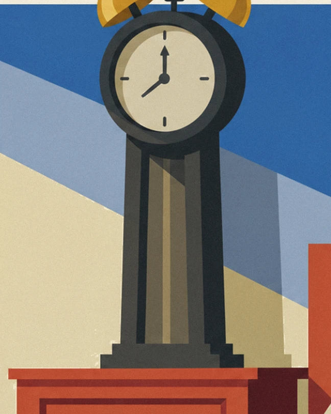 The alarm clock with 2 golden bells on its tall black stand, sitting on a red chest of drawers