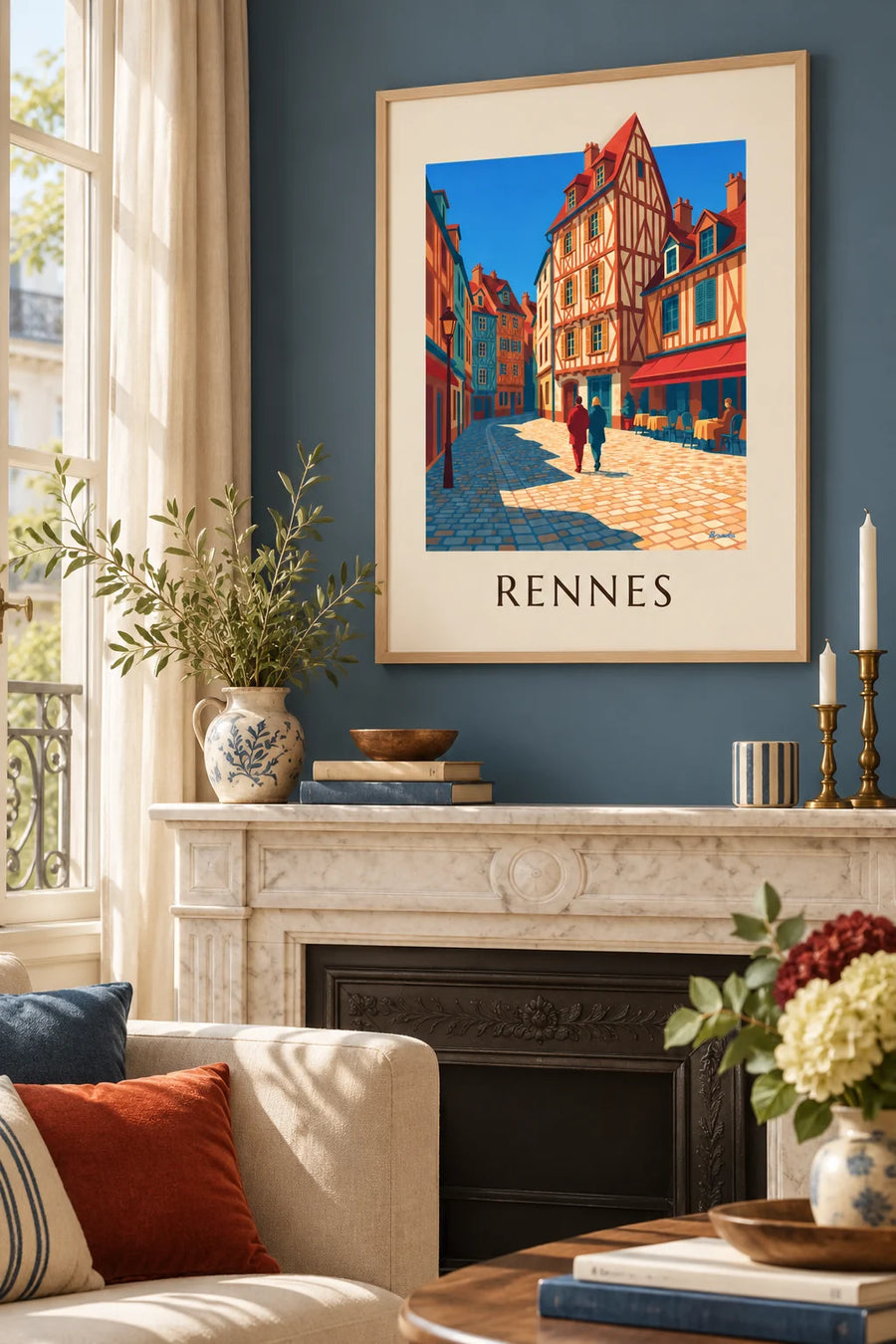 Affiche place du Champ-Jacquet et ses maisons à pans de bois à Rennes : encadrée au mur