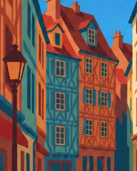 Les maisons à pans de bois bleus et rouges derrière un réverbère
