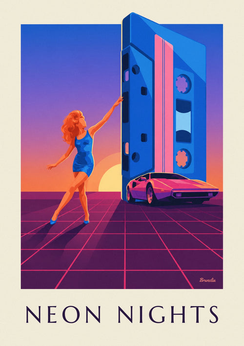 Poster van een discovrouw, gigantische cassette en sportwagen: de hele poster