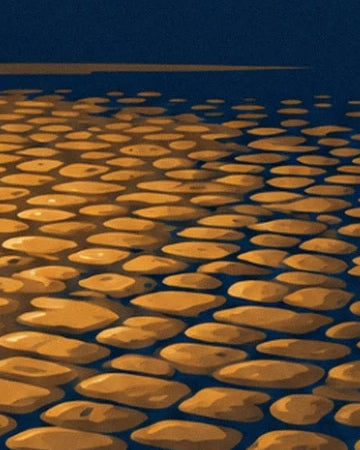 Les pavés aux reflets dorés et aux ombres bleu nuit sur le sol de la rue