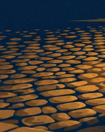 Les pavés aux reflets ocre et dorés dans la rue nocturne