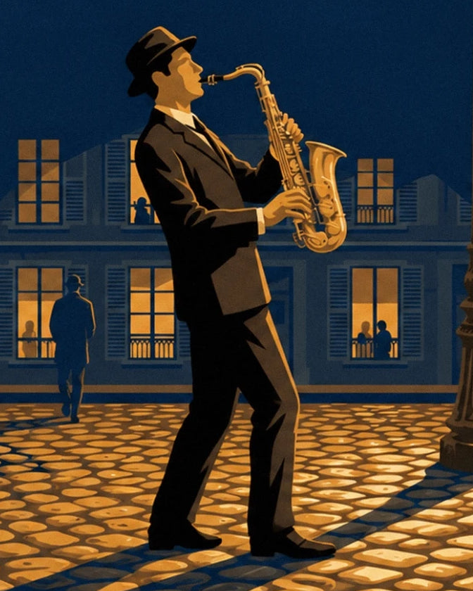 Le saxophoniste en costume noir et son saxophone doré devant les fenêtres éclairées