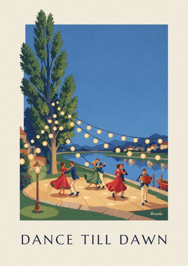 Affiche bal guinguette, danseurs sous les lampions au bord de l'eau
