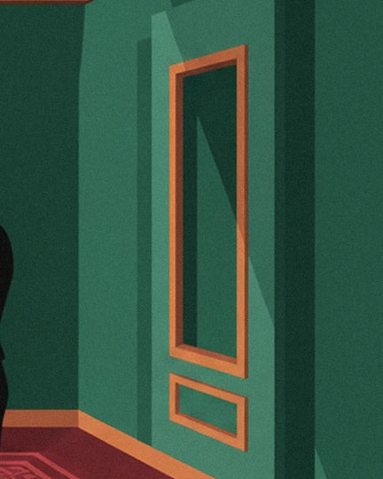Les moulures rectangulaires couleur bois sur le mur vert de la salle de billard