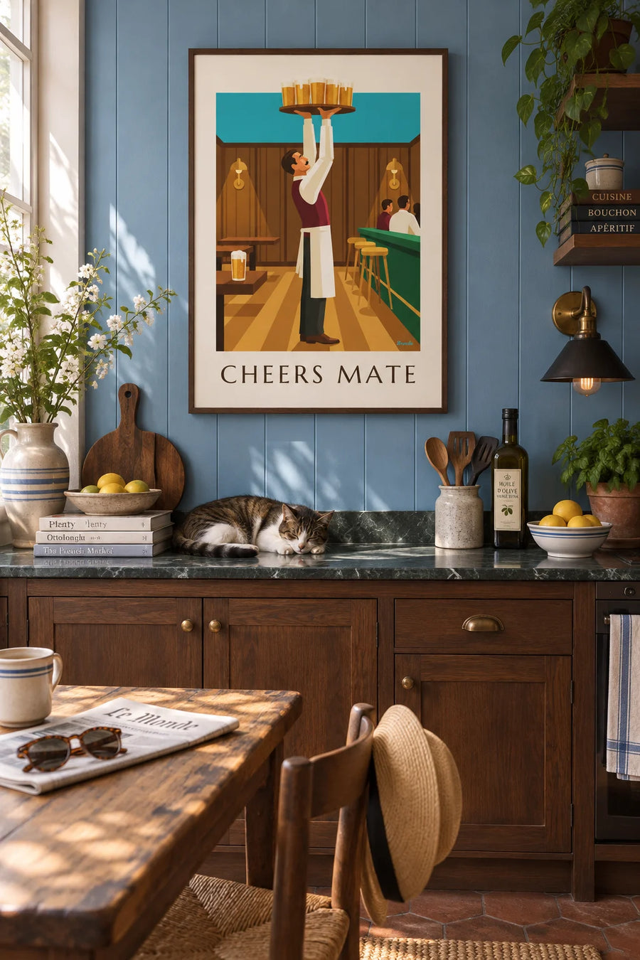 Poster of a brasserie waiter with a tray of beer mugs: framed on the wall
