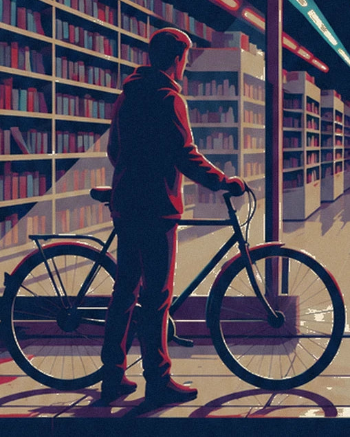 Ein Mann in dunkler Kleidung mit seinem Fahrrad vor den beleuchteten Regalen der Videothek