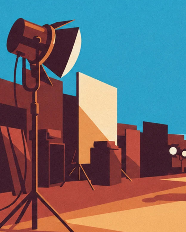 A spotlight on a stand facing the brown scenery and a large cream reflector panel