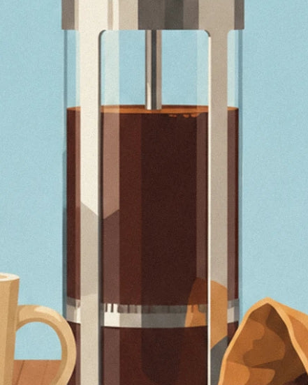 The brown coffee in the glass body of the cafetière, between its metal supports