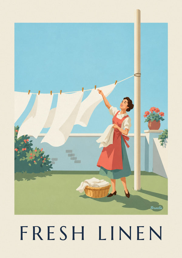 Affiche ménagère étendant son linge blanc au jardin
