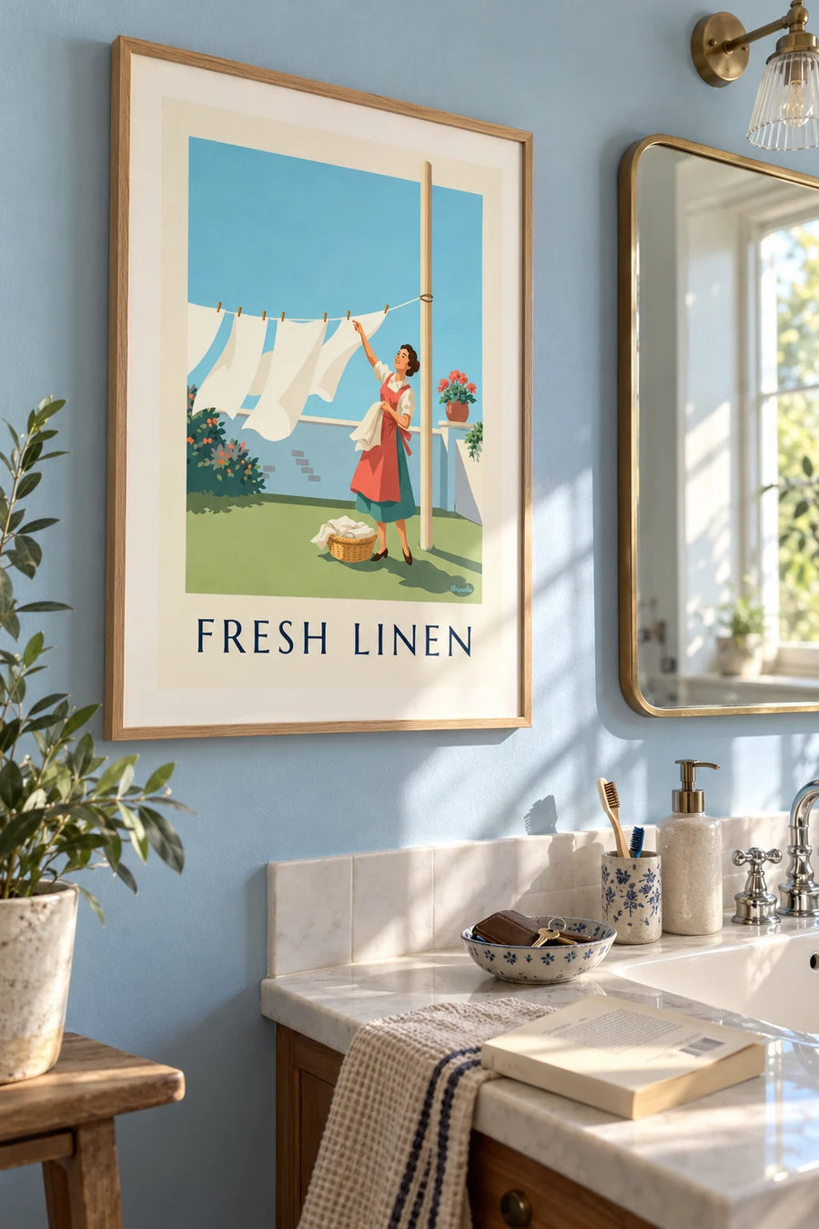 Poster Hausfrau beim Aufhängen weißer Wäsche im Garten: gerahmt an der Wand