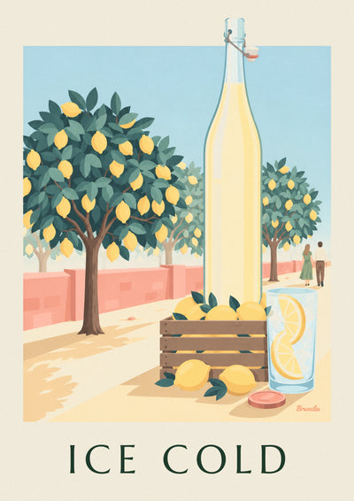 Lemonade bottle and crate of lemons in the orchard poster: the full poster