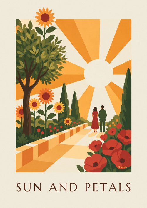 Poster strahlende Sonne und stilisierte geometrische Blumen: das ganze Poster