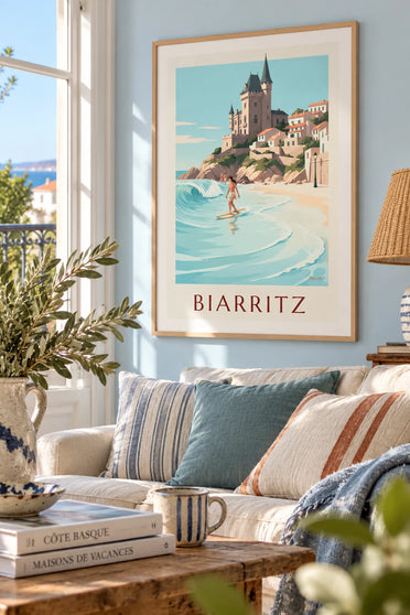 Poster longboardster bij de Côte des Basques in Biarritz: ingelijst aan de muur