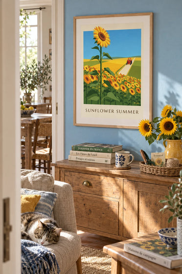 Poster Sonnenblumenfelder und kleiner roter Traktor im Sommer: gerahmt an der Wand