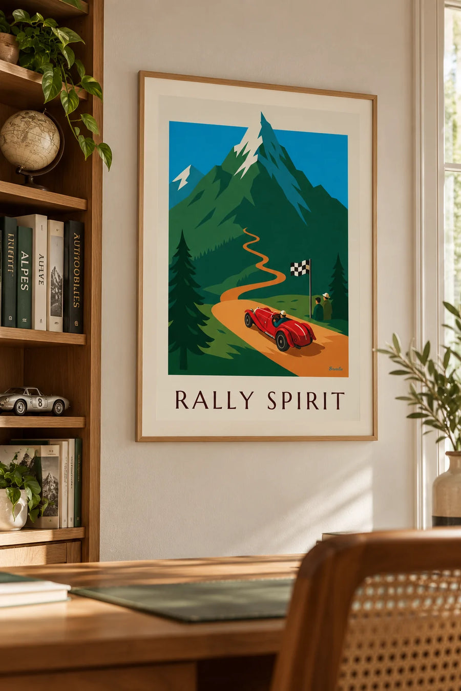 Affiche roadster rouge dans un rallye automobile de montagne : encadrée au mur