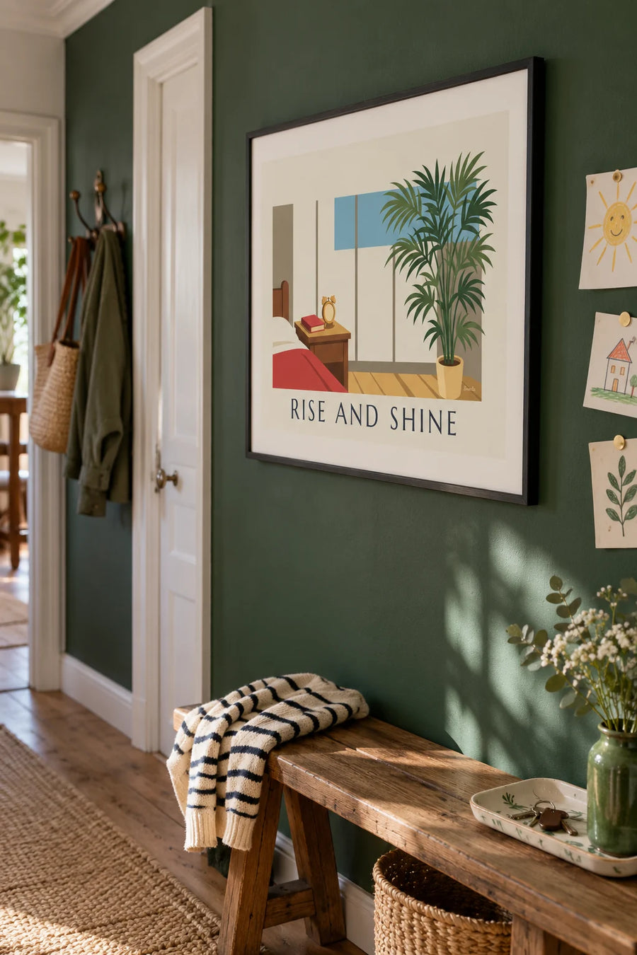Affiche réveil mécanique à cloches au soleil du matin : encadrée au mur