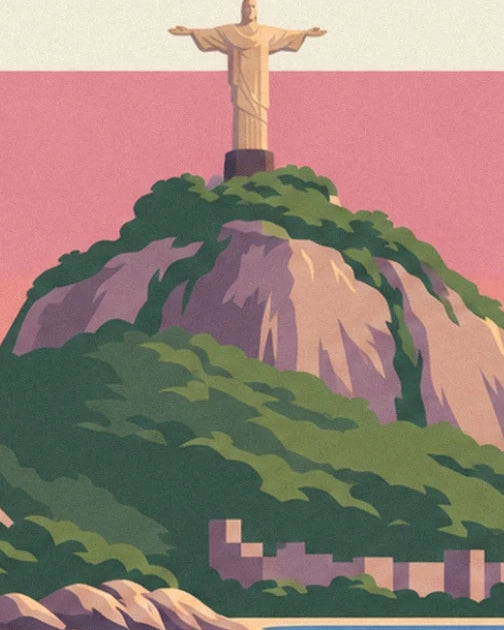 Christ Rédempteur with arms outstretched, on top of the rocks covered in greenery