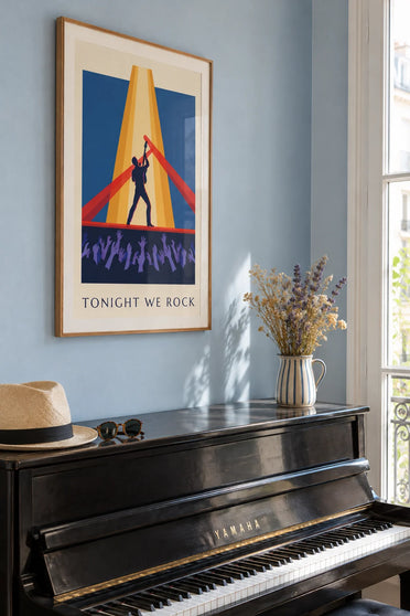 Poster Gitarrist bei einem nächtlichen Rockkonzert: gerahmt an der Wand