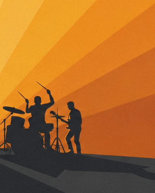 The drummer with raised sticks and his fellow guitarist in silhouette on stage