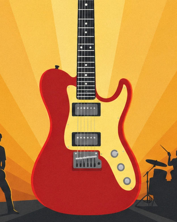 A red electric guitar with a yellow scratchplate against the rays of the setting sun