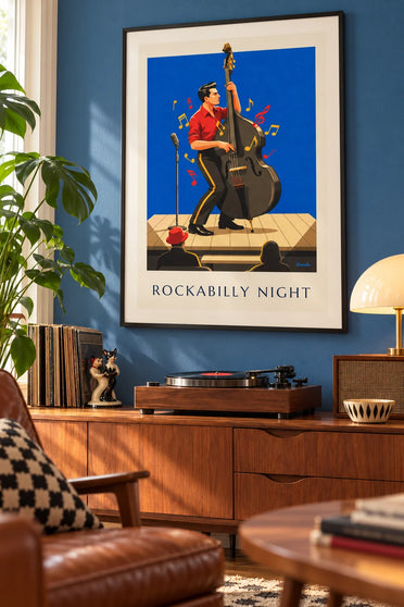 Poster rockabillyavond en muzikant met contrabas: ingelijst aan de muur