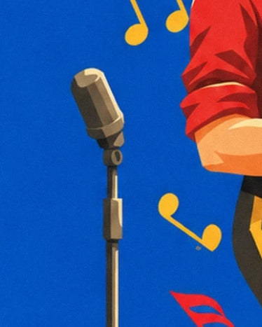 Le microphone sur pied entouré de notes jaunes, près d'une manche rouge