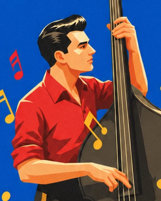 Le musicien en chemise rouge, les mains sur les cordes de sa contrebasse